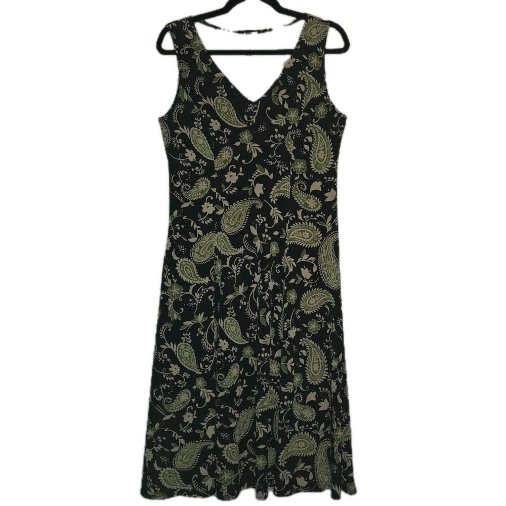 Julian Taylor Paisley Dress Womens Size 8 Black Green Sleeveless Comfort Stretch